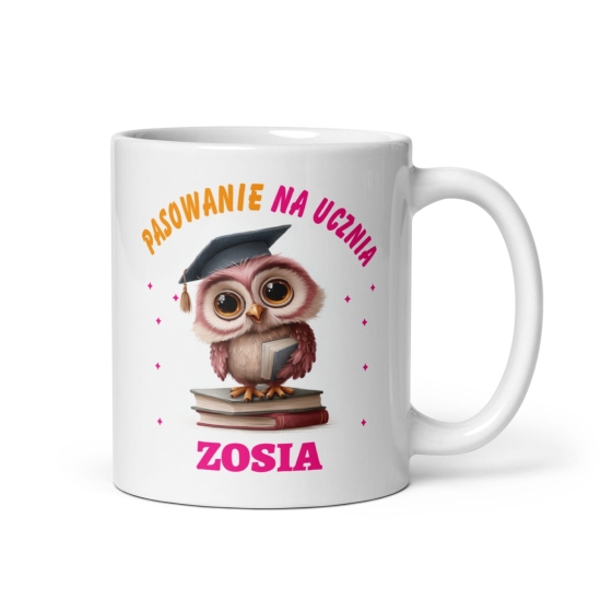 Kubek dla dziewczynki pasowanie na ucznia z imieniem. Grafika madrej sowy