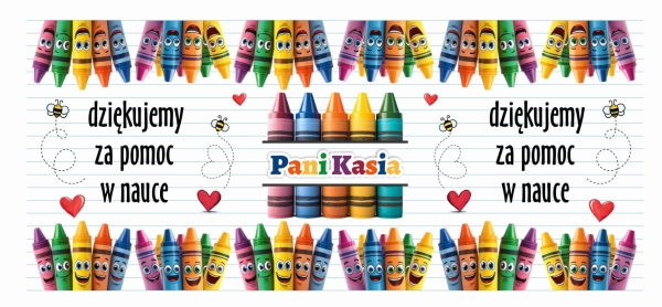 Biały kubek jako podziękowanie dla nauczyciela z grafiką kredek świecowych Mega Prezencik