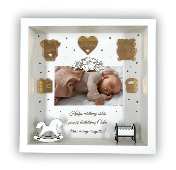 Głęboka Biała Ramka 3D – Metryczka narodzin dziecka. Ramka metryczka Mega Prezencik