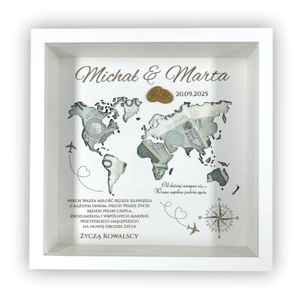 Biała ramka 3D na prezent ślubny w kształcie mapy świata z miejscem na pieniądze Mega Prezencik