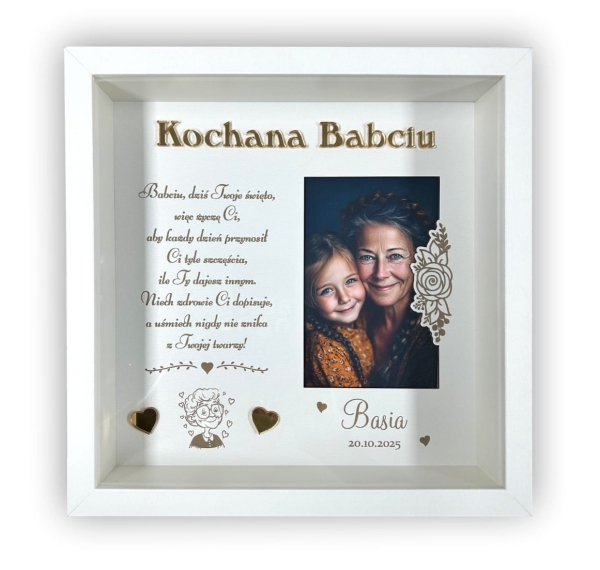 Biała ramka 3D z miejscem na zdjęcie, oraz z  życzeniami dla Babci Mega Prezencik