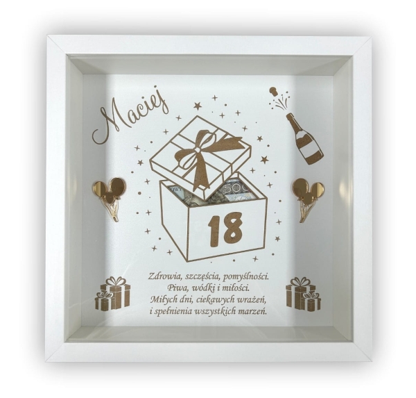 Głęboka Ramka z imieniem oraz życzeniami w kształcie prezentu Mega Prezencik