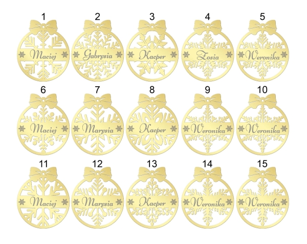 Złote bombki świąteczne ze śnieżynkami i miejscem na imię. Bombki personalizowane Mega Prezencik