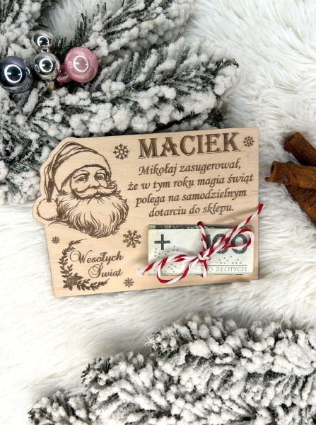 Bon Świąteczny z miejscem na banknot oraz zabawnym tekstem ze sklejki Mega Prezencik