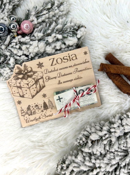 Bon Świąteczny z miejscem na banknot oraz zabawnym tekstem ze sklejki Mega Prezencik