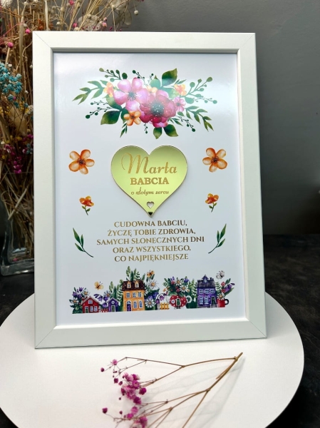 Prezent na dzień Babci. Biała duża ramka z życzeniami Mega Prezencik