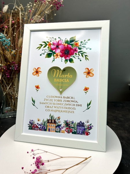Prezent na dzień Babci. Biała duża ramka z życzeniami Mega Prezencik