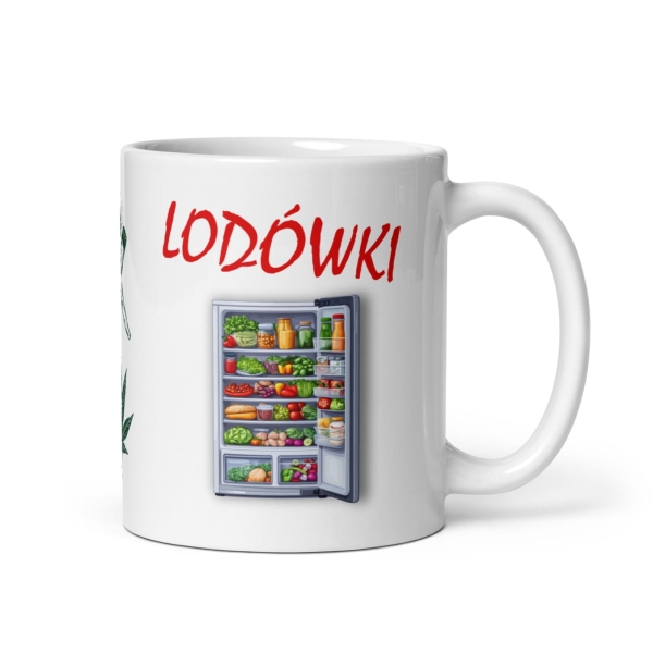 Kubek z zabawnym tekstem, oraz napisem Palenie zioła prowadzi do..... Lodówki Mega Prezencik