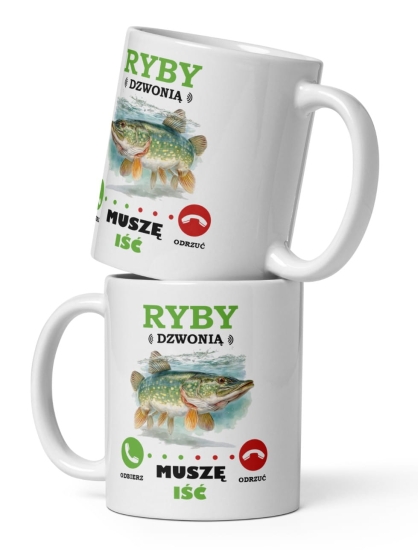 Kubek dla Wędkarza z zabawnym tekstem Ryby dzwonią muszę iść