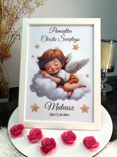 Wyjątkowa Pamiątka Chrztu Świętego w Ramce – Personalizowany Aniołek na Chmurce