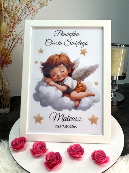 Wyjątkowa Pamiątka Chrztu Świętego w Ramce – Personalizowany Aniołek na Chmurce Mega Prezencik