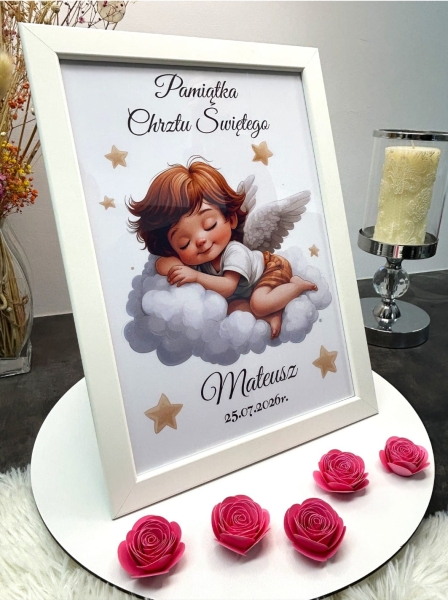Wyjątkowa Pamiątka Chrztu Świętego w Ramce – Personalizowany Aniołek na Chmurce Mega Prezencik