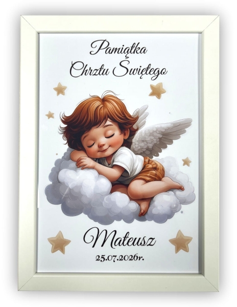 Wyjątkowa Pamiątka Chrztu Świętego w Ramce – Personalizowany Aniołek na Chmurce Mega Prezencik
