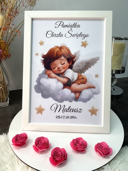 Wyjątkowa Pamiątka Chrztu Świętego w Ramce – Personalizowany Aniołek na Chmurce Mega Prezencik
