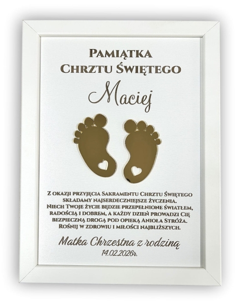 Elegancka Pamiątka Chrztu Świętego w białej ramie – Personalizowany obraz z lustrzanymi stópkami i grawerem Mega prezencik