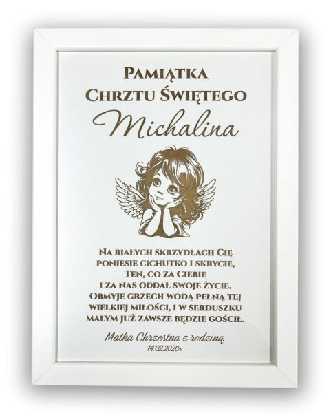 Personalizowana Pamiątka Chrztu Świętego w Białej Ramie – Ilustracja Aniołka dla Dziewczynki Mega Prezencik