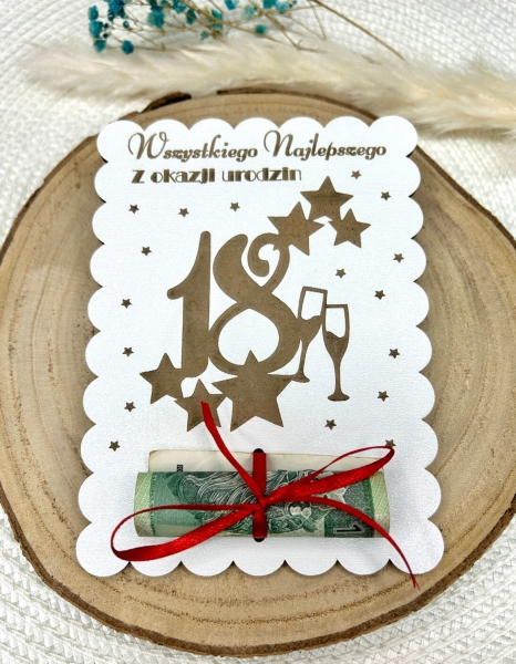 Drewniana Kartka na 18 Urodziny – Personalizowany Pamiątkowy Bon na Pieniądze – Biała HDF Mega Prezencik