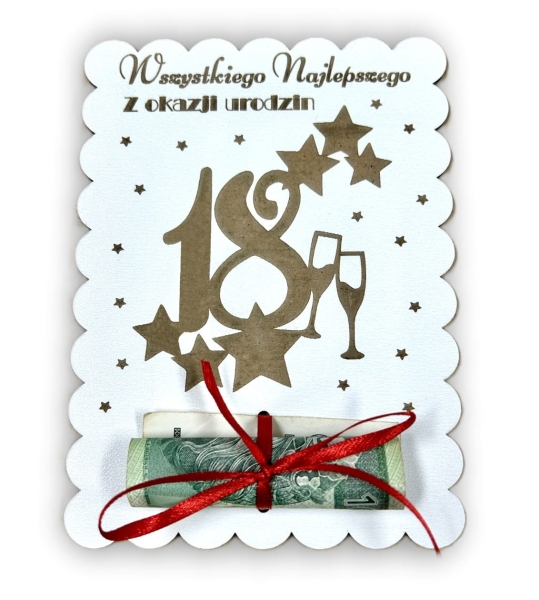 Drewniana Kartka na 18 Urodziny – Personalizowany Pamiątkowy Bon na Pieniądze – Biała HDF Mega Prezencik