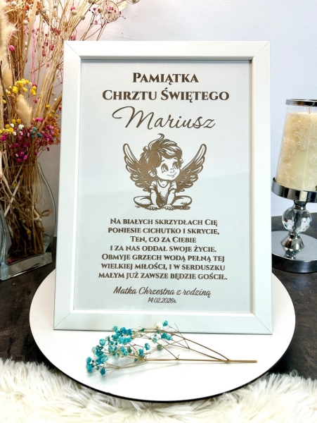 Wyjątkowa Pamiątka Chrztu Świętego w Ramce – Grawerowany Aniołek Stróż z Dedykacją Mega Prezencik