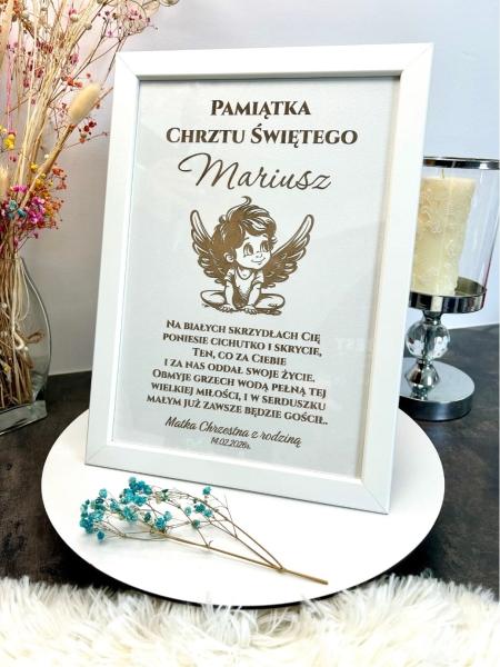 Wyjątkowa Pamiątka Chrztu Świętego w Ramce – Grawerowany Aniołek Stróż z Dedykacją Mega Prezencik