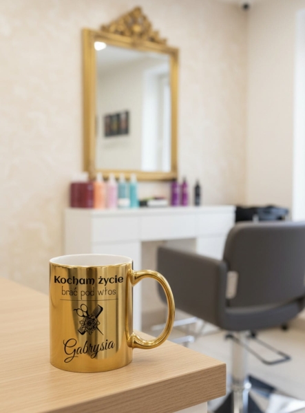 Złoty Kubek Personalizowany dla Fryzjerki – "Kocham życie brać pod włos" – Prezent z Imieniem Mega Prezencik