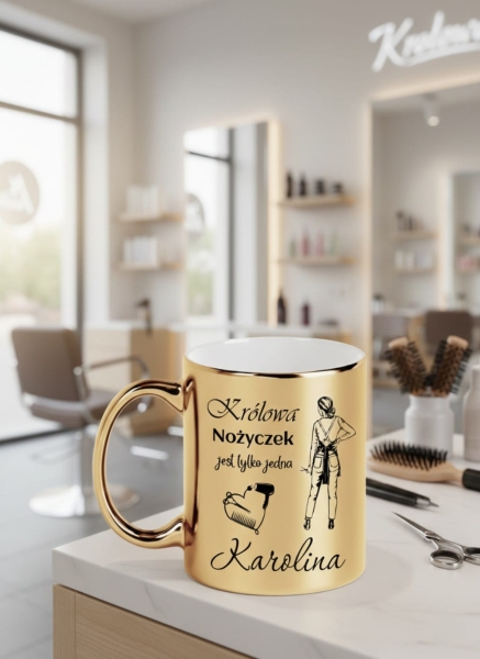 Złoty Kubek dla Fryzjerki z Imieniem – Królowa Nożyczek – Personalizowany Prezent dla Stylistki Fryzur Mega Prezencik