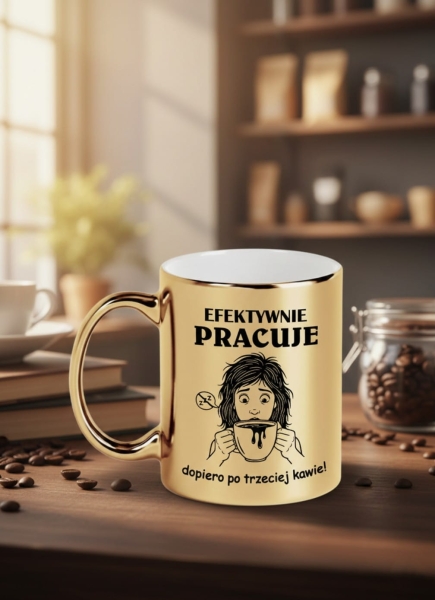 Złoty Kubek z Napisem Efektywnie pracuję dopiero po trzeciej kawie! Mega Prezencik
