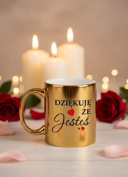 Złoty Kubek Lustrzany z Napisem „Dziękuję że Jesteś” Elegancki Prezent z Sercem Mega Prezencik