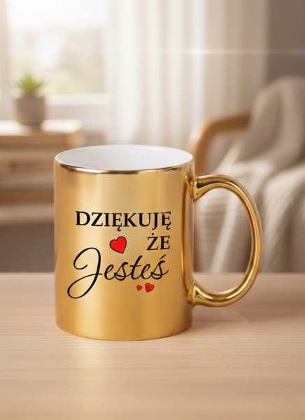 Złoty Kubek Lustrzany z Napisem „Dziękuję że Jesteś” Elegancki Prezent z Sercem Mega Prezencik