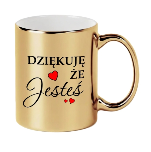 Złoty Kubek Lustrzany z Napisem „Dziękuję że Jesteś” Elegancki Prezent z Sercem
