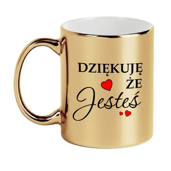 Złoty Kubek Lustrzany z Napisem „Dziękuję że Jesteś” Elegancki Prezent z Sercem Mega Prezencik