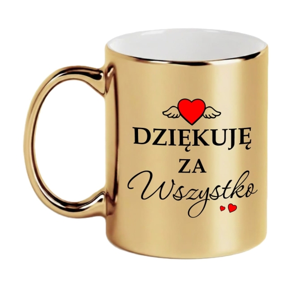 Elegancki Złoty Kubek z Napisem "Dziękuję za wszystko" – Wyjątkowy Prezent z Motywem Serca i Skrzydeł Mega Prezencik