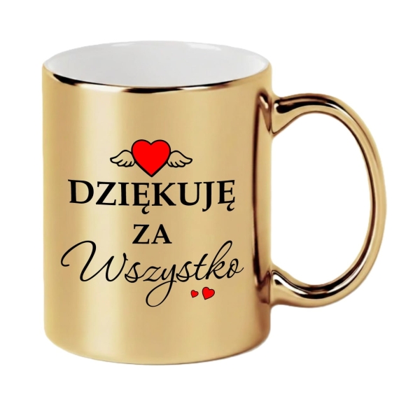 Elegancki Złoty Kubek z Napisem "Dziękuję za wszystko" – Wyjątkowy Prezent z Motywem Serca i Skrzydeł Mega Prezencik