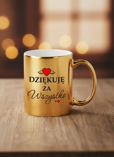 Elegancki Złoty Kubek z Napisem "Dziękuję za wszystko" – Wyjątkowy Prezent z Motywem Serca i Skrzydeł Mega Prezencik