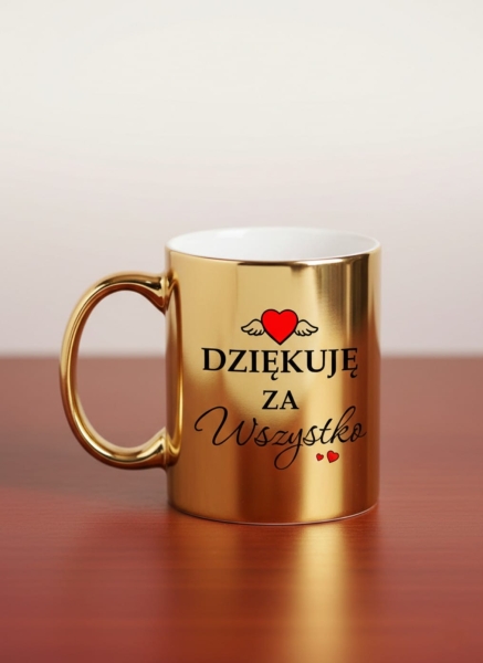 Elegancki Złoty Kubek z Napisem "Dziękuję za wszystko" – Wyjątkowy Prezent z Motywem Serca i Skrzydeł Mega Prezencik