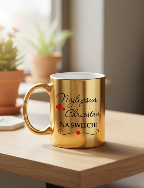 Kubek Złoty Lustrzany Najlepsza Chrzestna na Świecie Prezent Chrzest Komunia Mega Prezencik