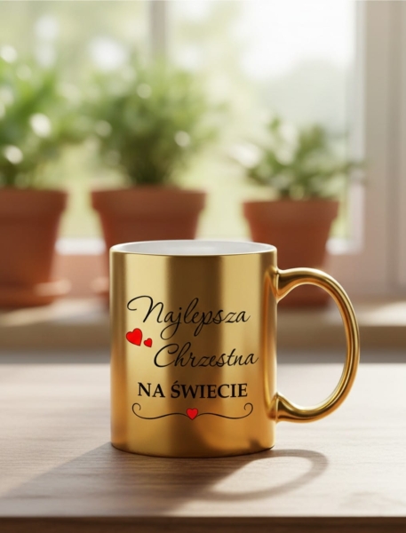 Kubek Złoty Lustrzany Najlepsza Chrzestna na Świecie Prezent Chrzest Komunia Mega Prezencik
