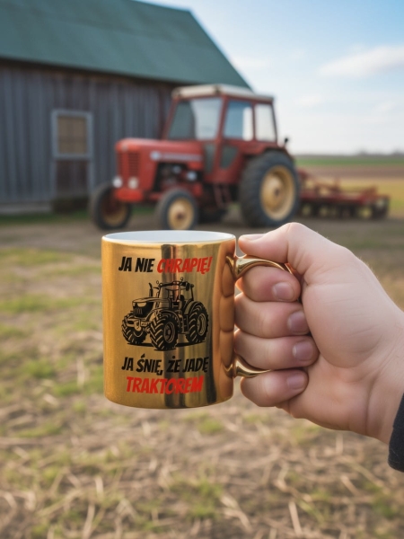 Złoty Kubek Prezent dla Rolnika Traktor Nie Chrapię Śmieszny Napis Dzień Taty Mega Prezencik