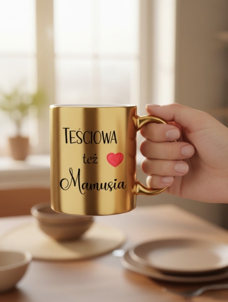 Złoty Kubek dla Teściowej TEŚCIOWA TEŻ MAMUSIA Prezent na Dzień Matki Urodziny Mega Prezencik