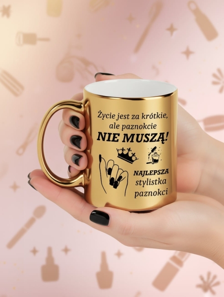 Złoty Kubek Prezent dla Stylistki Paznokci Manicurzystki Salon Beauty Glamour Mega Prezencik