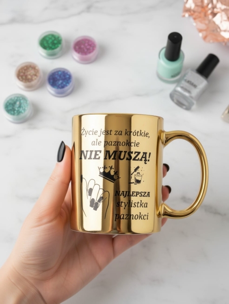 Złoty Kubek Prezent dla Stylistki Paznokci Manicurzystki Salon Beauty Glamour Mega Prezencik