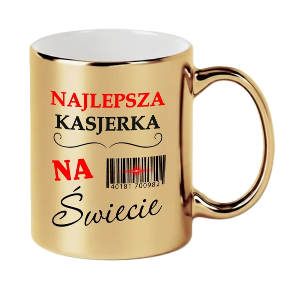 Złoty Kubek Lustrzany dla Kasjerki Kod Kreskowy Śmieszny Prezent Praca Mega Prezencik