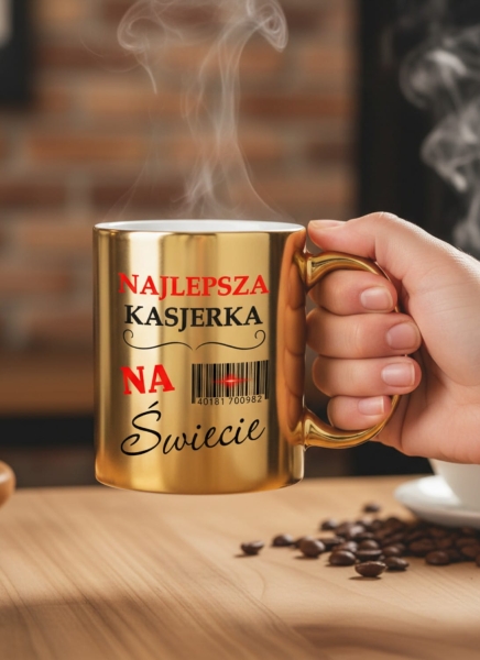 Złoty Kubek Lustrzany dla Kasjerki Kod Kreskowy Śmieszny Prezent Praca Mega Prezencik