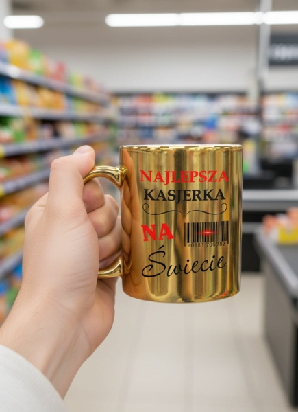 Złoty Kubek Lustrzany dla Kasjerki Kod Kreskowy Śmieszny Prezent Praca Mega Prezencik