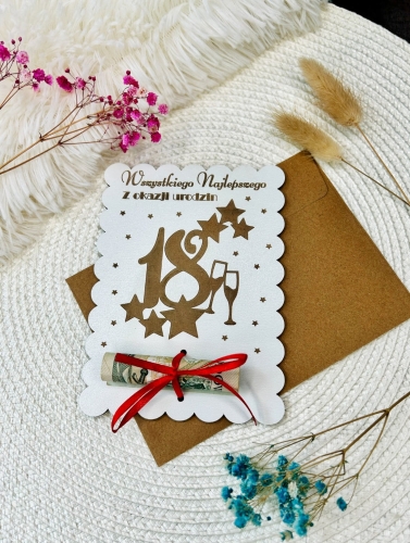 Drewniana Kartka na 18 Urodziny – Personalizowany Pamiątkowy Bon na Pieniądze – Biała HDF