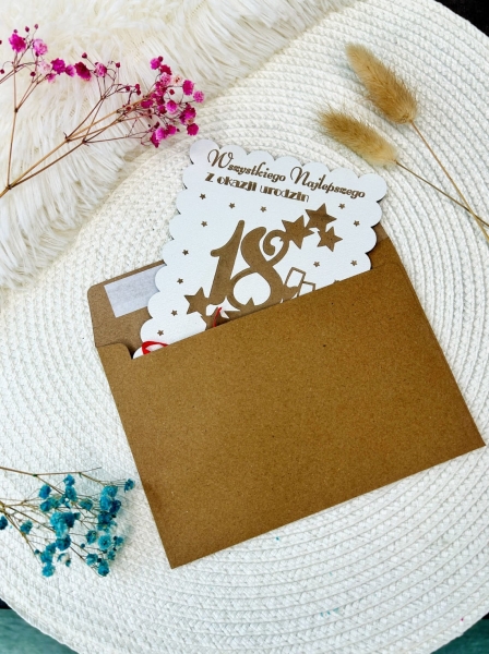Drewniana Kartka na 18 Urodziny – Personalizowany Pamiątkowy Bon na Pieniądze – Biała HDF Mega Prezencik