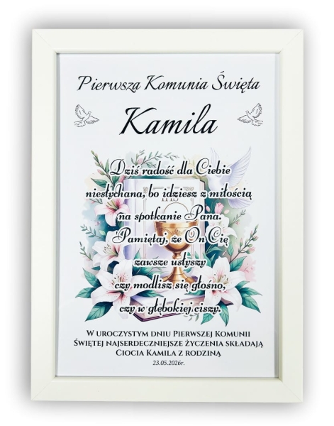 Obrazek Komunijny w Białej Ramce Personalizacja Prezent Komunia Święta Mega Prezencik