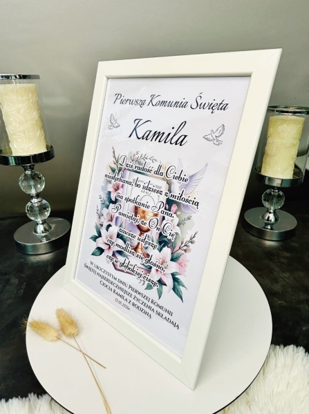 Obrazek Komunijny w Białej Ramce Personalizacja Prezent Komunia Święta Mega Prezencik