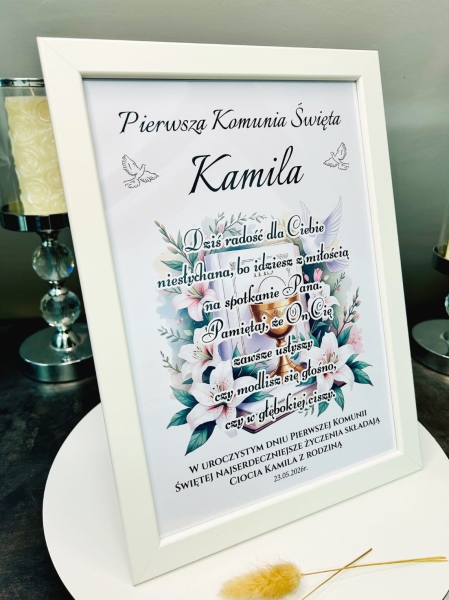 Obrazek Komunijny w Białej Ramce Personalizacja Prezent Komunia Święta Mega Prezencik