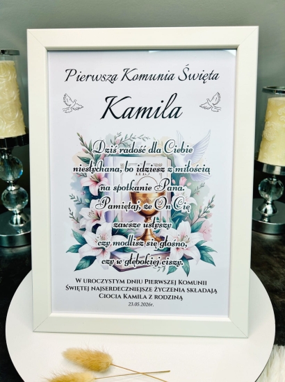 Obrazek Komunijny w Białej Ramce Personalizacja Prezent Komunia Święta